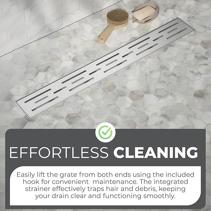 36 Inch Rectangular Linear Shower Drain Set with Brick Pattern Grate, 304 Stainless Steel Bathroom Floor Drain with Hair Catcher, Shower Floor Drain Includes Adjustable Leveling Feet