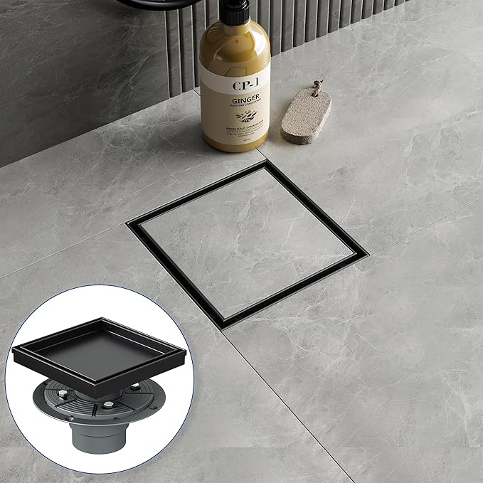 Neodrain 6-Inch Square Shower Drain with Removable Tile Insert Grate, 304 Stainless Steel, Includes PVC Shower Drain Base Hair Strainer, Matte Black