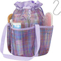 F-color Mesh Shower Caddy Portable with Drawstring - Tall 5 Pockets Dorm Room Essentials for Guys Girls with S Hook, Shower Bag Basket Tote for College Camping Travel Toiletry Bathroom, Purple Grid