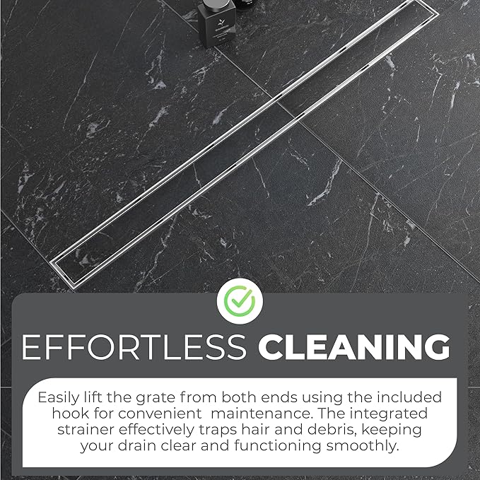 36 Inch Rectangular Linear Shower Drain Set with Reversible Flat & Tile Insert Cover, 304 Stainless Steel Bathroom Floor Drain with Hair Catcher, Shower Floor Drain Includes Adjustable Leveling Feet