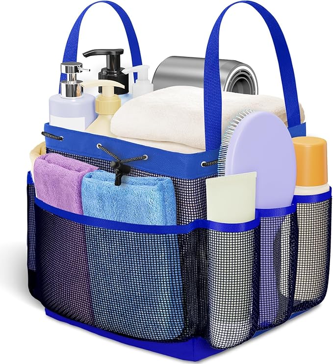 Mesh Shower Caddy Portable with Drawstring, 1 Main Compartment+ 7 Pockets, College Dorm Room Essentials for Girls, Shower Organizer Hanging Bag for Beach, Camp, Swim, Gym, Travel(Blue)
