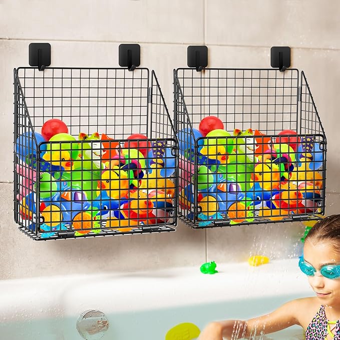 Large Bath Toy Storage, Metal Bathtub Shower Toy Holder, Foldable bath Tub Toy Organizers, Bathroom Toy Storage with Drainage for Sorting Toys/Clothes/Toiletries (2pc black)