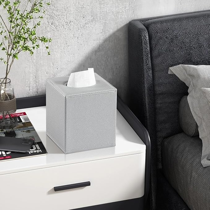 PU Leather Tissue Box Cover Square Tissue Box Holder with Magnetic Closure, Decorative Tissue Holder for Bathroom Bedroom Office (Silver)