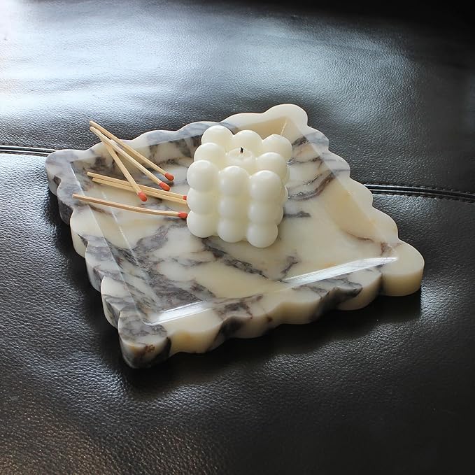 Natural Luxury Marble Tray with Scalloped Edge, Handmade Square Decorative Tray, Catch All Tray for Counter, Dresser, Nightstand and Home Décor (Calacatta Viola)
