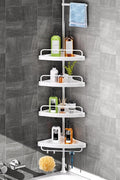 HAMITOR Corner Shower Caddy Tension Pole: Adjustable Stainless Steel Shower Organizer with 4 Tier Shelf for Bathroom Bathtub Tub Shampoo - Floor Standing Rack Bath Storage Holder with Rust Proof Rods