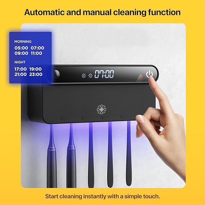 Bloom Toothbrush Sanitizer and Holder for Bathrooms Walls, Strong 3M Adhesive, Time Display, Long-Lasting Charge, 5 Slots for Any Size Toothbrush, White