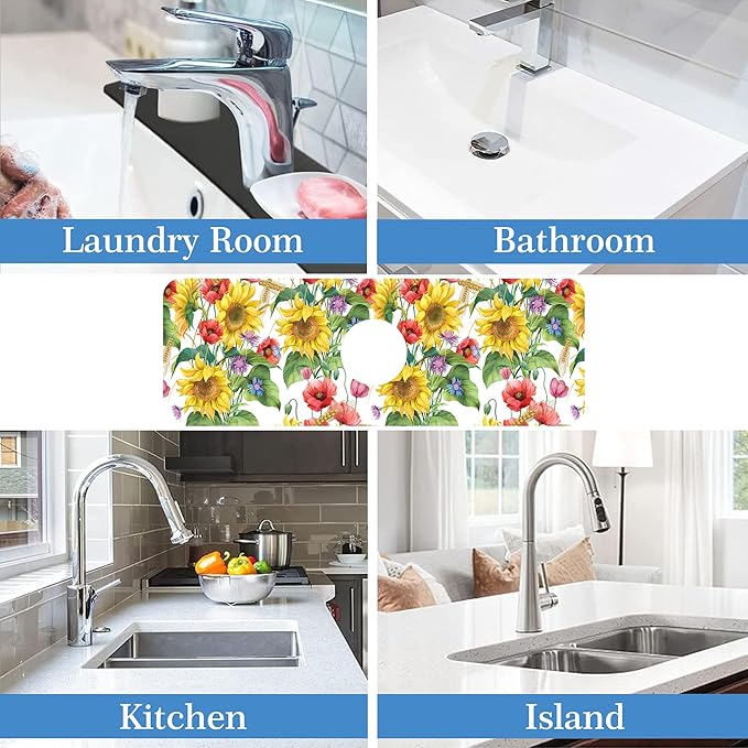 Faucet Mat for Kitchen Sink Sunflower Cornflower Poppy Barley, Soft Diatom Mud Material, Strong Water Absorption, Non-slip, Easy to Clean for Bathroom, Kitchen 15"X5.5"
