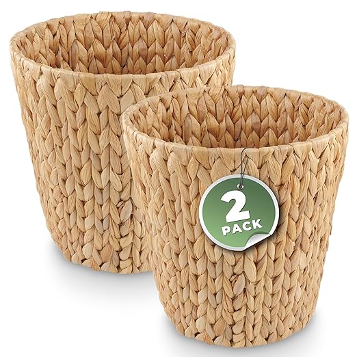 2-Pack Wicker Trash Can for Bathroom - Wicker Waste Basket for Bedroom, Office - Rattan Trash Can - Decorative Waste Basket (Natural, 3 Gallons)