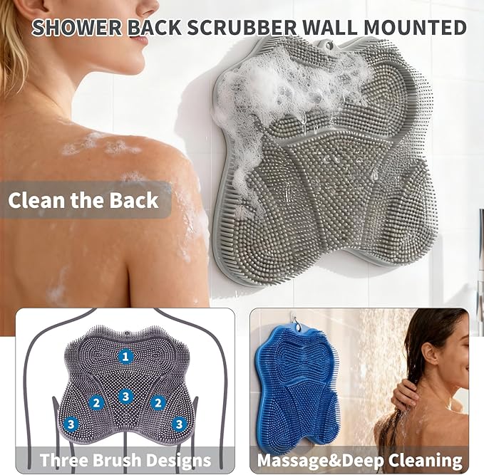 Show Foot Scrubber Mat & Silicone Back Scrubber with Butterfly Form Design,3 Brush Designs for Deep Cleaning Shower Foot Scrubber Mat, Wall Mounted Back Scrubber Silicone Bath(Grey)