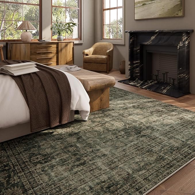 10x12 Area Rugs for Living room: Large Washable Rugs Stain Resistant Non Slip Distressed Vintage Floral Rug Low Pile Faux Wool Soft Green Rugs for Bedroom Farmhouse Dining Room Kids Playroom Nursery