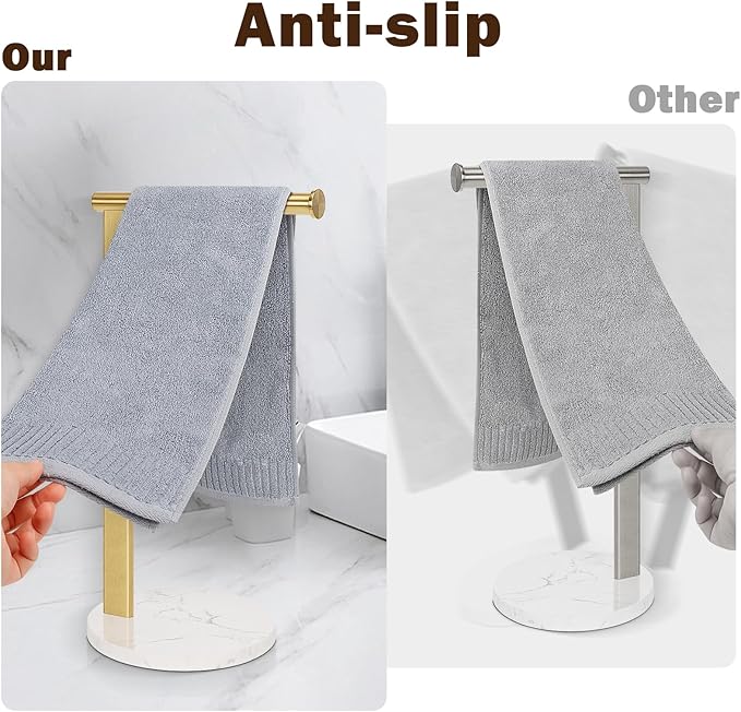 Hand Towel Holder Stand for Bathroom, L- Shaped Standing Hand Towel Rack, Towel Bar Kitchen Vanity Countertop Organizer, SUS304 Stainless Steel Material (Marble Base, Gold)