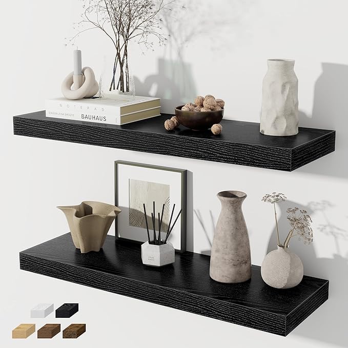 Fun Memories Black Floating Shelves for Wall Set of 2, 28" Black Floating Shelves for Home Decor, Rustic Wood Wall Mounted Shelf, Hanging Deep Shelf for Living Room, Bedroom, Bathroom, Kitchen