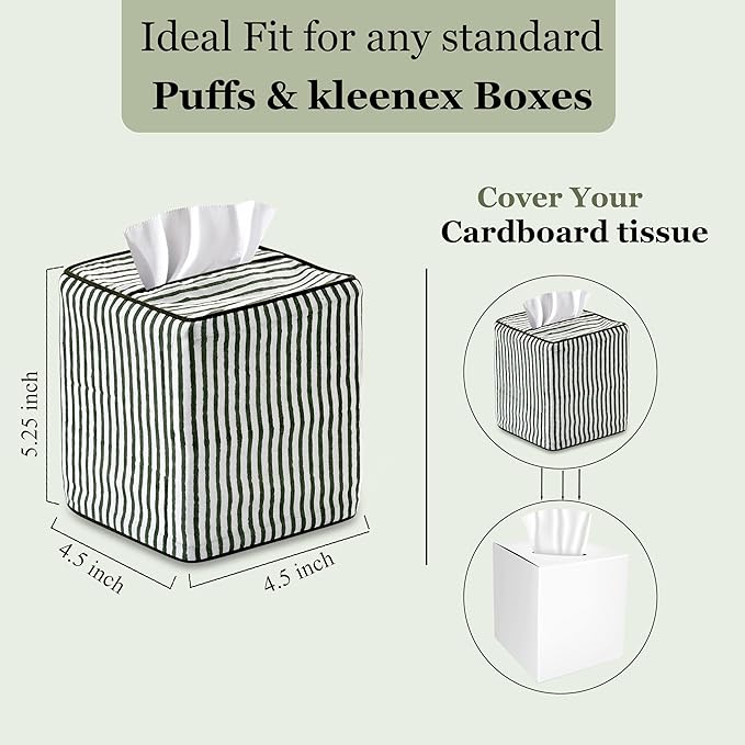 Ridhi Green Stripe Block Print Tissue Box Cover Handmade Cotton Fabric Decorative Square Napkin Holder for Home Bedroom Living Room Bathroom Vanity Countertop Car Night Stands Office Kitchen