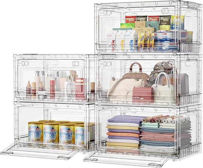 BROVIEW 400Qt Stackable Storage Bins with Lids Wheels, XL Clear Plastic Drawers Foldable Closet Organizers and Storage Cabinet Display Box Shelves with Front & Back Doors, for Home Office Garage,5Pack
