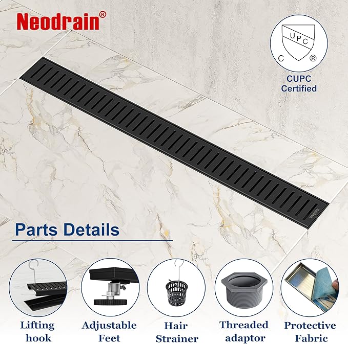 Neodrain 28" Matte Black Bathroom Linear Shower Drain with Removable Capsule Pattern Grate, 304 Stainless Steel Shower Floor Linear Drain- CUPC Certified with Hair Strainer