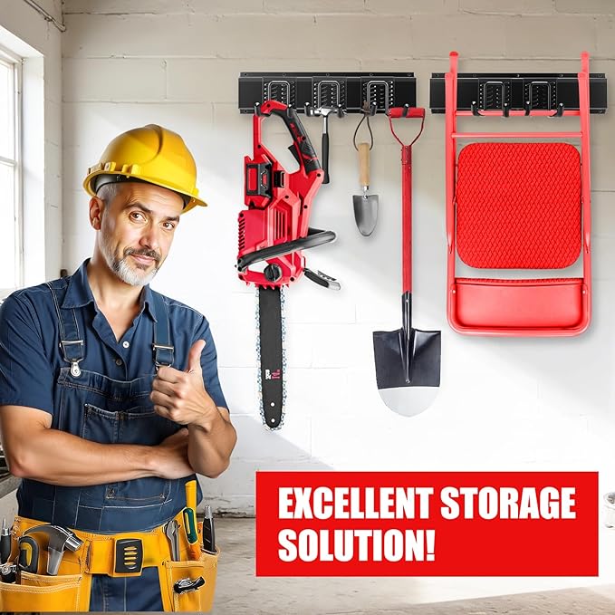 64 Inch Garage Tool Organizers Storage Rack System with 12 Adjustable Hooks Carbon Steel Wall Mount Tool Organizer for Garage Shed Yard Broom Shovel, Rakes, Ladders and Power Tool Holder
