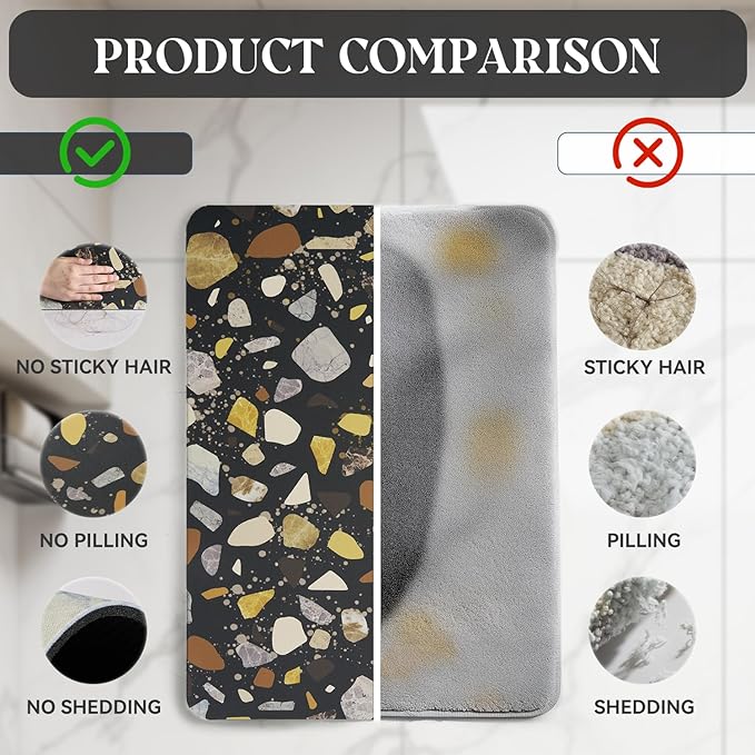 MontVoo -Bath Mat-Non Slip Thin Bathroom Rugs Fit Under Door- Quick Dry Absorbent Faux Suede Surface Grey Bathroom Floor Mats-Shower Rug for in Front of Bathtub Shower Black & Multi Color 17x59