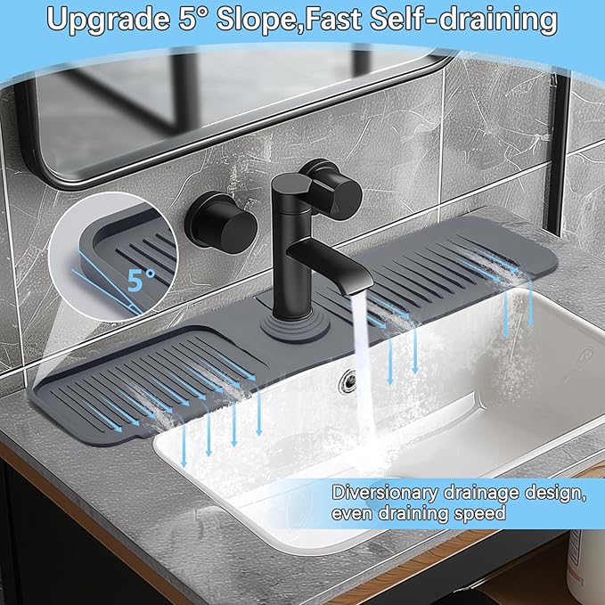 Silicone Sink Splash Guard Mat with Slanted Design,24*5.5 Inch Large Non-Slip Base,Multi-Surface Protector for Kitchen,Bathroom,Laundry,RV,Easy Clean Water Deflector Accessory(darkgray)