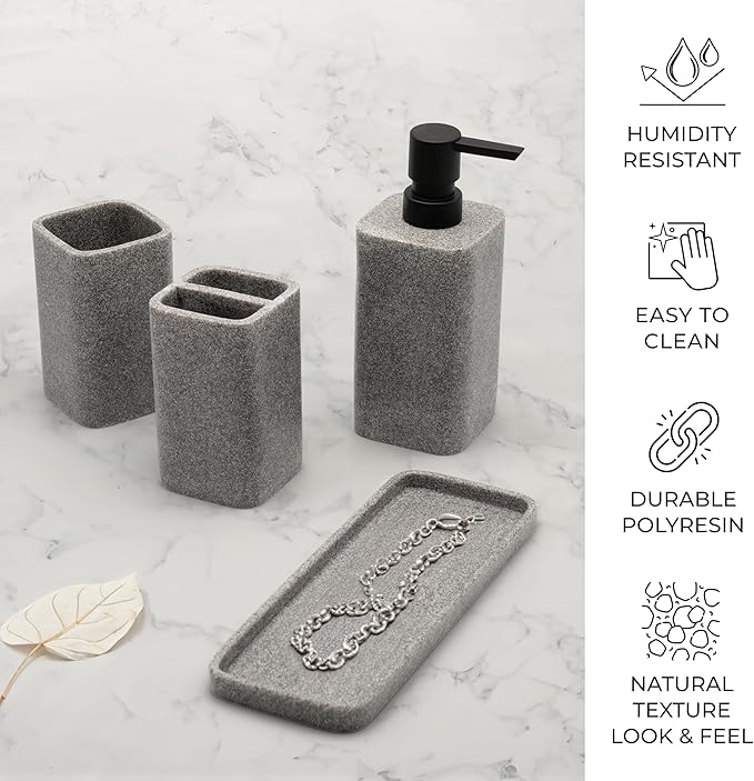 ZCCZ Grey Bathroom Accessory Sets, 4 Pieces Bathroom Accessories Complete Set Vanity Countertop Accessory Set, Includes Lotion Dispenser Soap Pump, Tumbler, Toothbrush Holder and Tray