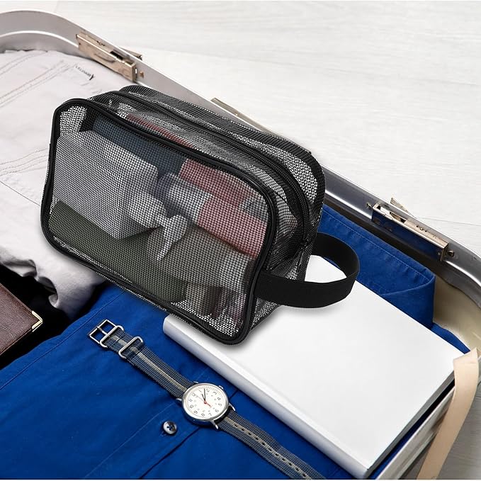 1 Pcs Portable Travel Mesh Toiletry Bag Mesh Shower Caddy Quick Dry Tote Bags Dorm Toiletry Organizer for Women Men Gym Bag Camping Organizer Hanging Bathroom Mesh Bag Black 9.8 × 6.3 × 4.3 Inch