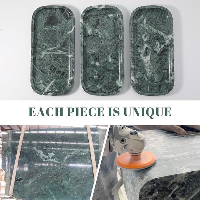 Koville Marble Tray, 10"x5" Marble Vanity Tray for Bathroom Countertop Kitchen Sink, Rectangular Stone Tray for Perfume Fragrance, Decorative Catchall Tray Jewelry Cosmetics Organizer(Green)