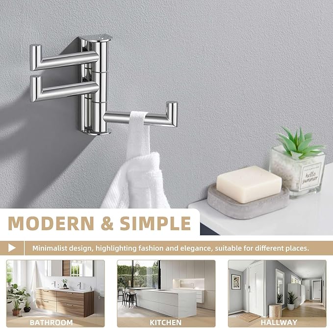 Suyar Bathroom Towel Hook Polished Chrome, SUS 304 Stainless Steel Swivel Robe Hook with 3 Arms, Towel Hanger Wall Mounted