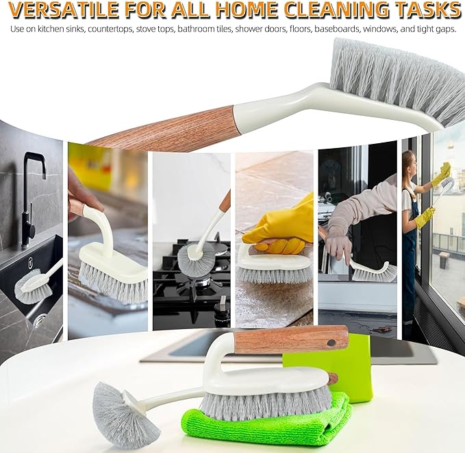 5-Pack Heavy Duty Scrub Brushes Set with Wooden Handles - Multi-Surface Cleaning for Kitchen, Bathroom, Tile & Grout Includes Spherical, Triangle, Square & Dish Brush for Tough Stains