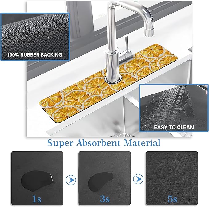 Yellow Fruit Lemon Faucet Mat Splash Guard Yellow Fruit Lemon, Soft Diatom Mud Material, Strong Water Absorption, Non-slip,Easy to Clean for Bathroom, Kitchen 23.5"X5.5"