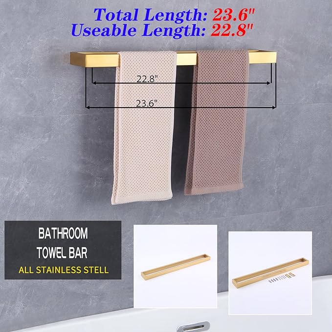 GERZWY 24-Inch Bathroom Towel Bar Stainless Steel Modern Square Style Bath Towel Bar Wall Mount Gold Finished HG1701(60)-BE