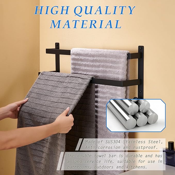 24 Inch Double Towel Bar with Hooks Matte Black, Stainless Steel Bath Shower Towel Rack Wall Mounted Towel Rod Holder for Bathroom