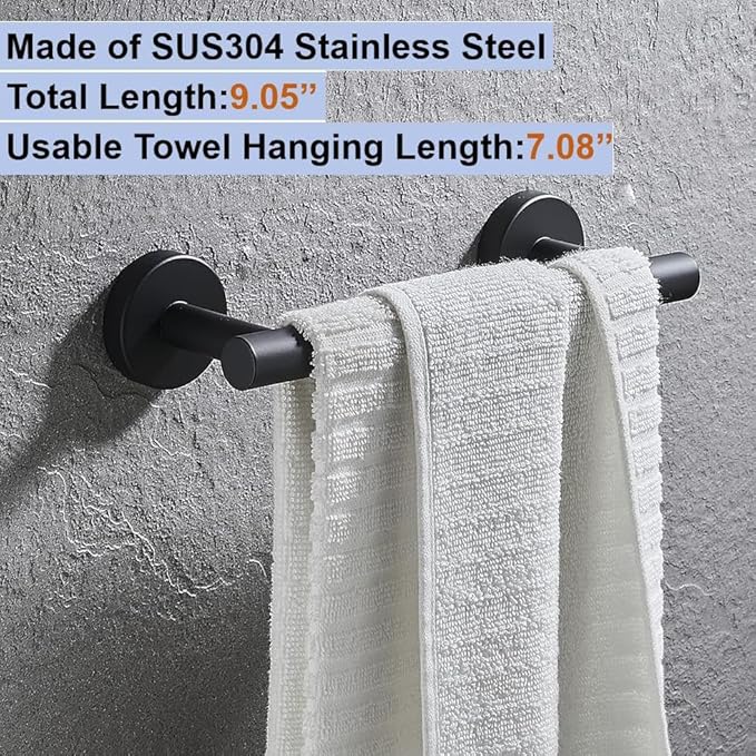 9 Inch Towel Bar for Bathroom 9/12/16/24/28/33 Inch Kitchen Hand Towel Holder Matted Black SUS304 Stainless Steel RUSTPROOF Wall Mount Towel Rod (1, Matted Black, 9 Inch)