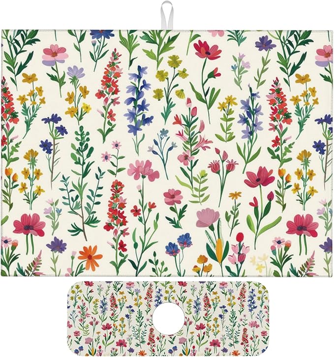 Watercolor Wildflower Dish Drying Mat for Kitchen Counter, 18"x24" Microfiber Absorbent Fast Dry Mat, 2Pcs Dish Mat Faucet Mats Sets, Large Drying Kitchen Mat Kitchen Drying Pad Coffee Bar Decor Gifts
