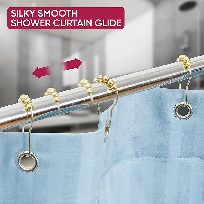 Shower Curtain Hooks Rust Proof (Set of 12) - Stainless Steel Shower Curtain Rings - Anti Slip Roller Balls for Easy Glide (Secure Lock Hooks, Polished Gold)