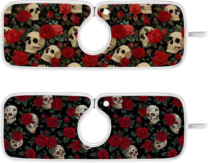 2 PCS Kitchen Sink Splash Guard 14.9 Inch Faucet Mat for Kitchen Sink Bathroom Sink Faucet Absorbing Drip Drain Mat Pad Microfiber Soft Washable Black Mexico Skulls and Red Roses