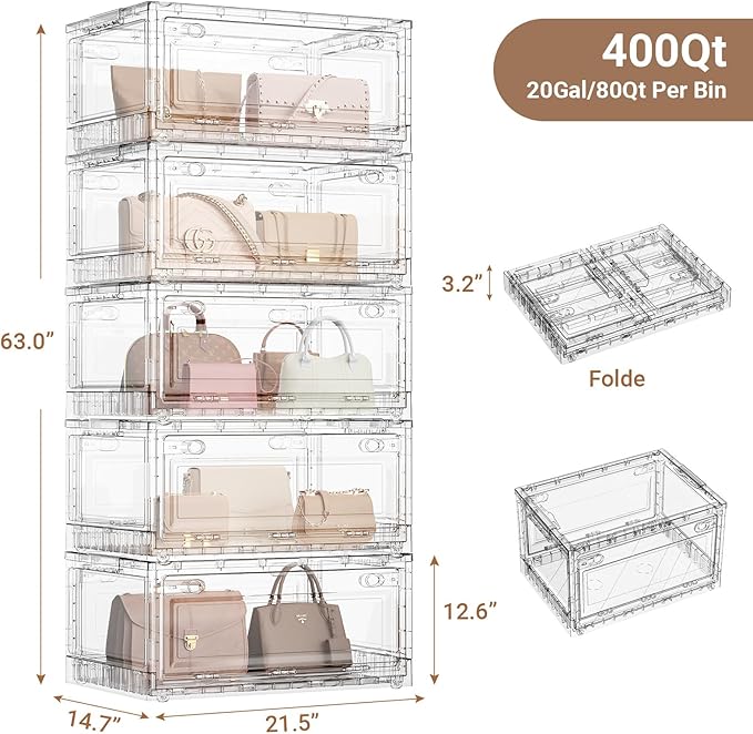 BROVIEW 400Qt Stackable Storage Bins with Lids Wheels, XL Clear Plastic Drawers Foldable Closet Organizers and Storage Cabinet Display Box Shelves with Front & Back Doors, for Home Office Garage,5Pack