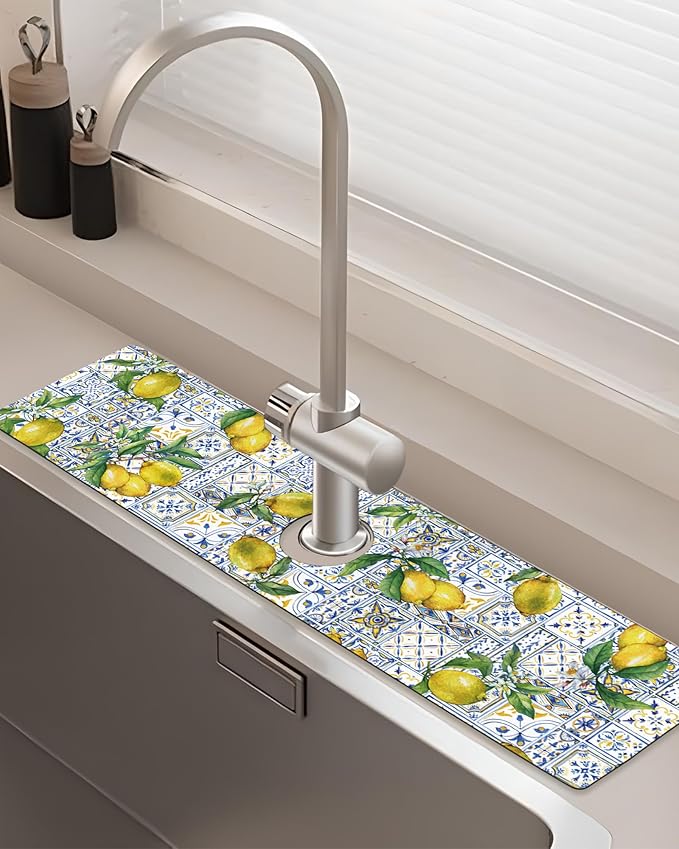 Patterned Sink Faucet Mat Kitchen Splash Guard Super Absorbent Drying Mat, Non-Slip Drain Pad for Kitchen Counter or Bathroom-24x5.5in