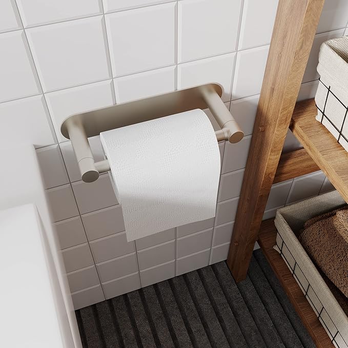 Adhesive Toilet Paper Holder Brushed Nickel Bathroom Double Post Pivoting Toilet Tissue Holder Roll Holder Stick On No Drilling Stainless Steel and Zinc Alloy