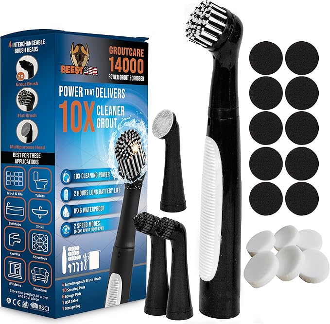 BEEST GroutCare 14000 Rechargeable Electric Spin Scrubber - Bathroom Cleaning Brush w/ 4 Replaceable Heads, Dual Speed, IPX6 Waterproof - Cordless Shower Scrubber for Bathtub, Grout, Tile, Kitchen