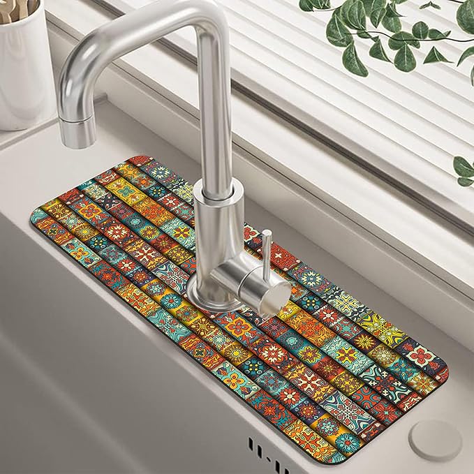 Vintage Mandala Floral Dish Drying Mat for Kitchen Sink Splash Guard Behind Faucet Sink Mat Absorbent Fast Drying Faucet Draining Mat for Bathroom Kitchen 5.5"×15"