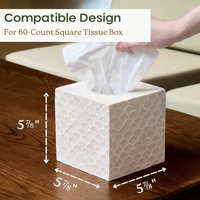 5.8” Capiz Tissue Box Cover, Square Decorative Tissue Holder with Bottom Slider, Handmade Bathroom Accessories, Elegant White Cube for Vanity, Bedroom, Office & Coastal Décor (Natural)