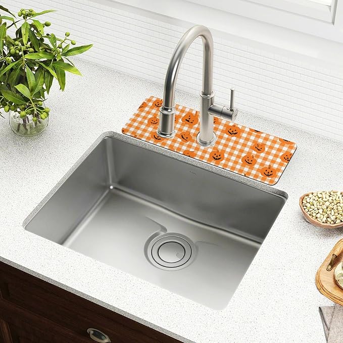 Halloween Orange Plaid Pumpkins Kitchen Sink Splash Guard Faucet Mat Diatomite Absorbent Pad for Bathroom RV 14.7x5.4in 1PCS water