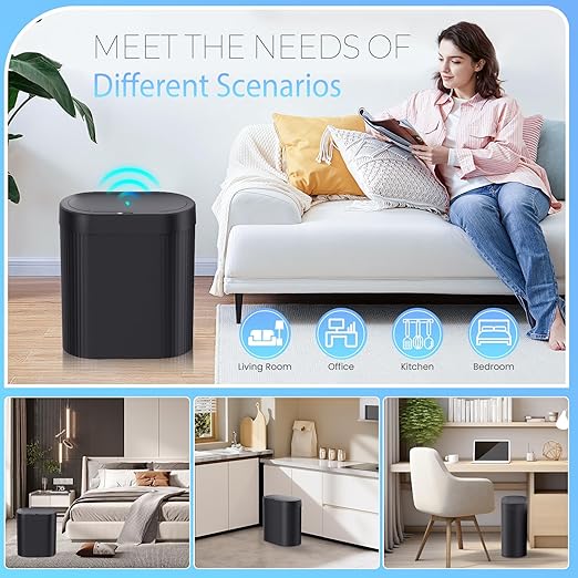 5 Gallon Bathroom Trash Can with Lid, Automatic Motion Sensor Black Trash Can, Touchless Slim Waterproof Garbage Bin for Kitchen, Bedroom, Office, and Bathroom