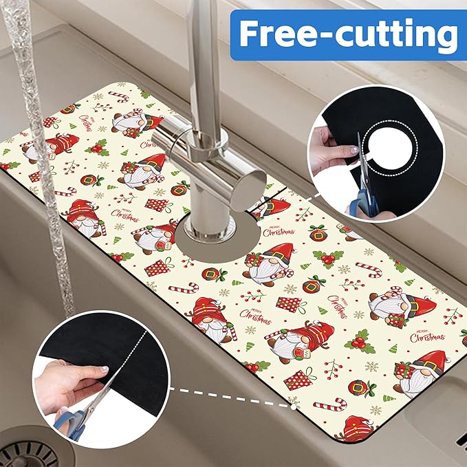 Christmas Santa Claus Kitchen Sink Splash Guard Mat Absorbent Fast Drying Mat Faucet Draining Mat Sink Splash Guard Behind Faucet Drip Catcher for Kitchen Bathroom 5.5"×15"
