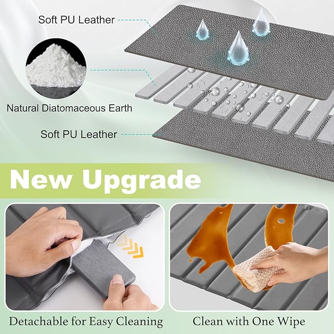 Large Stone Drying Mat for Kitchen Counter, Ultra Absorbent Diatomaceous Earth Mat with PU Leather Cover Fast Drying Collapsible, Dish Mats for Dishes Buttles Cups Countertop Gray 23.6"x15.3"