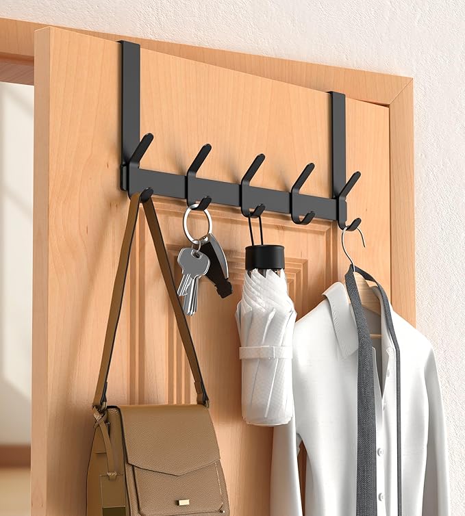 Over The Door Hooks Hanger with 7" Extended Arms for Hanging, J7U, Perfectly Fits US Standard 1 3/8-inch Doors, Towel Rack Organizer Holder, Matte Black