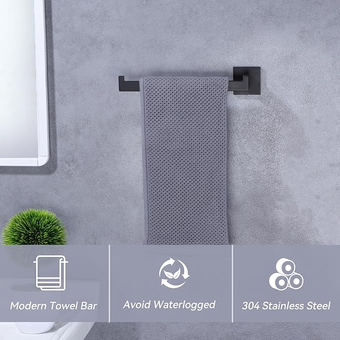 LANC Bathroom Hand Towel Holder Left Side Matte Black Hand Towel Bar 10 Inche Square Towel Ring for Kitchen Cabinet Toilet Door Wall Mount Stainless Steel Towel Racks Hanger,A8806MB-LF
