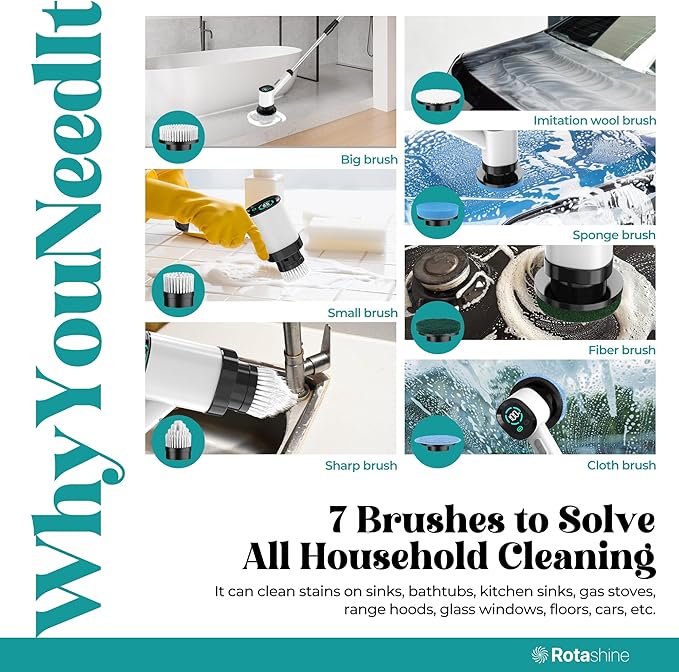 Electric Spin Scrubber - Electric Scrubber for Cleaning with 7 Replaceable Heads - Full-Body Waterproof Tub Scrubber with Long Handle - Electric Brush Cleaner for Bathroom