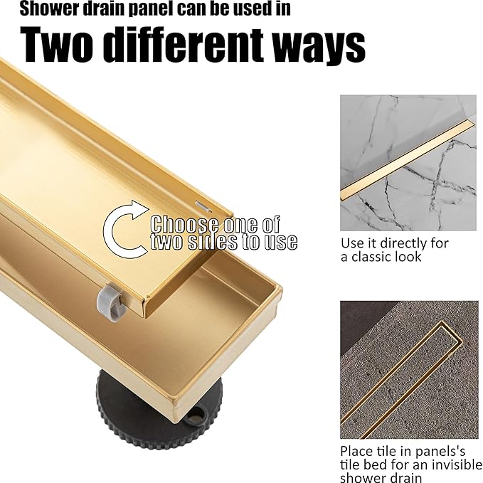 36 inch Linear Shower Drain with Removable Square Hole Panel by Using Brushed 304 Stainless Steel Process, Linear Drain Equipped with Adjustable Feet and Hair Strainer(Brushed Gold Color)