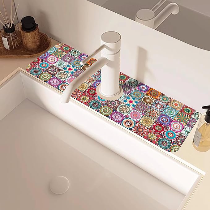 Faucet Draining Mat For Kitchen Sink Mexican Tiles Diatom Mud Absorbent Drain Pad For Bathroom Kitchen Sink Splash Guard Drying Mat 5.5"×15"