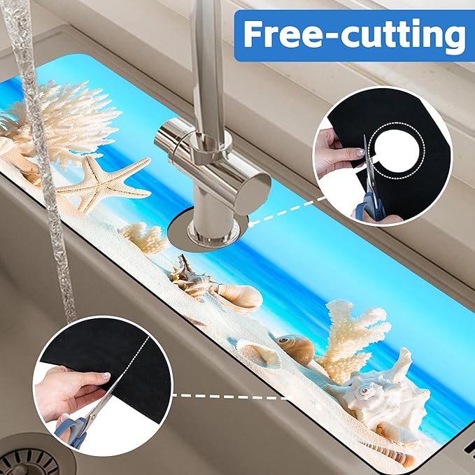 Tropical Beach Seashells Kitchen Sink Splash Guard Absorbent Fast Drying Mat Faucet Draining Mat Behind Faucet Drip Catcher for Kitchen Bathroom 5.5"24"